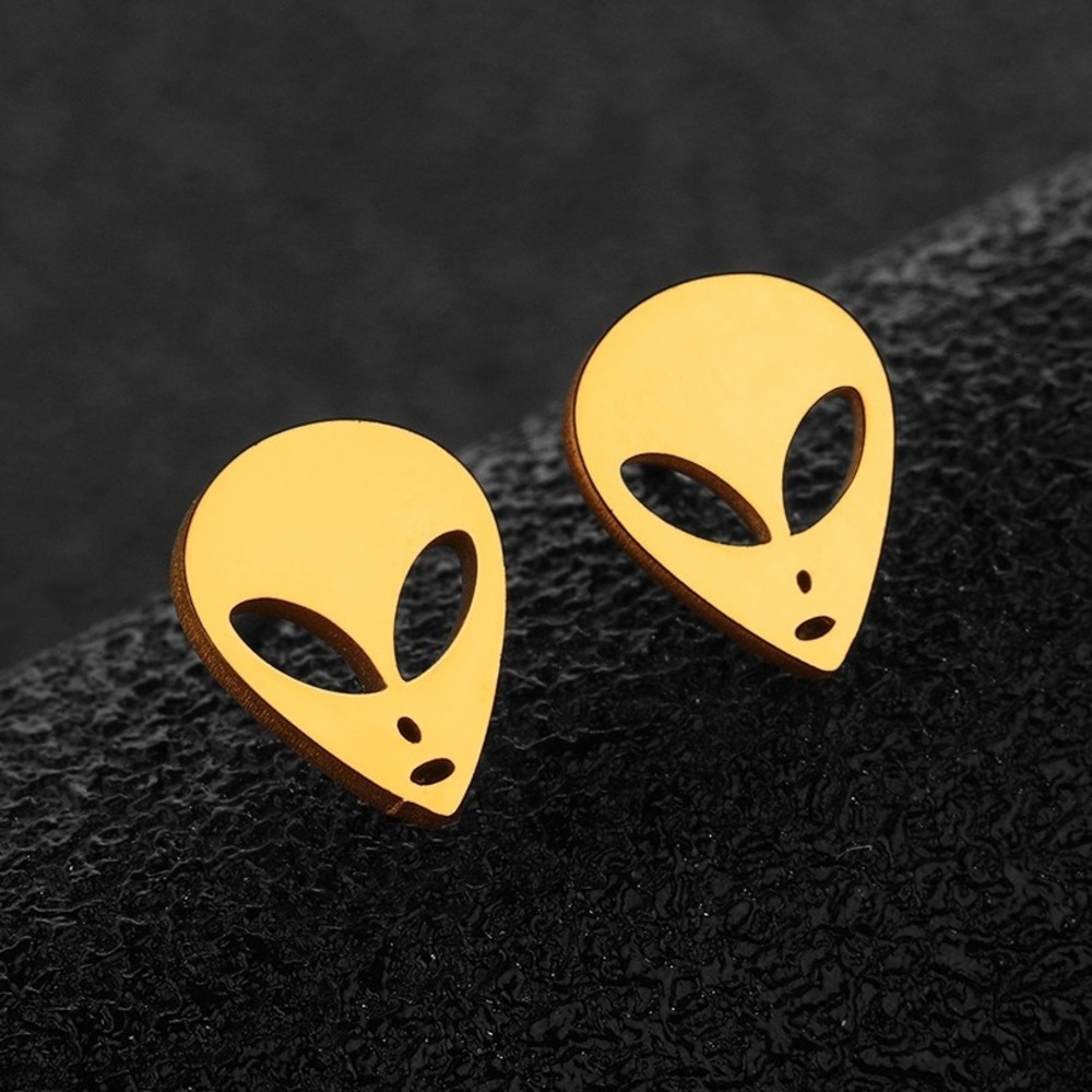 Gold Alien Stud Earrings Unique Extraterrestrial Jewelry Trendy Space Gift Steel